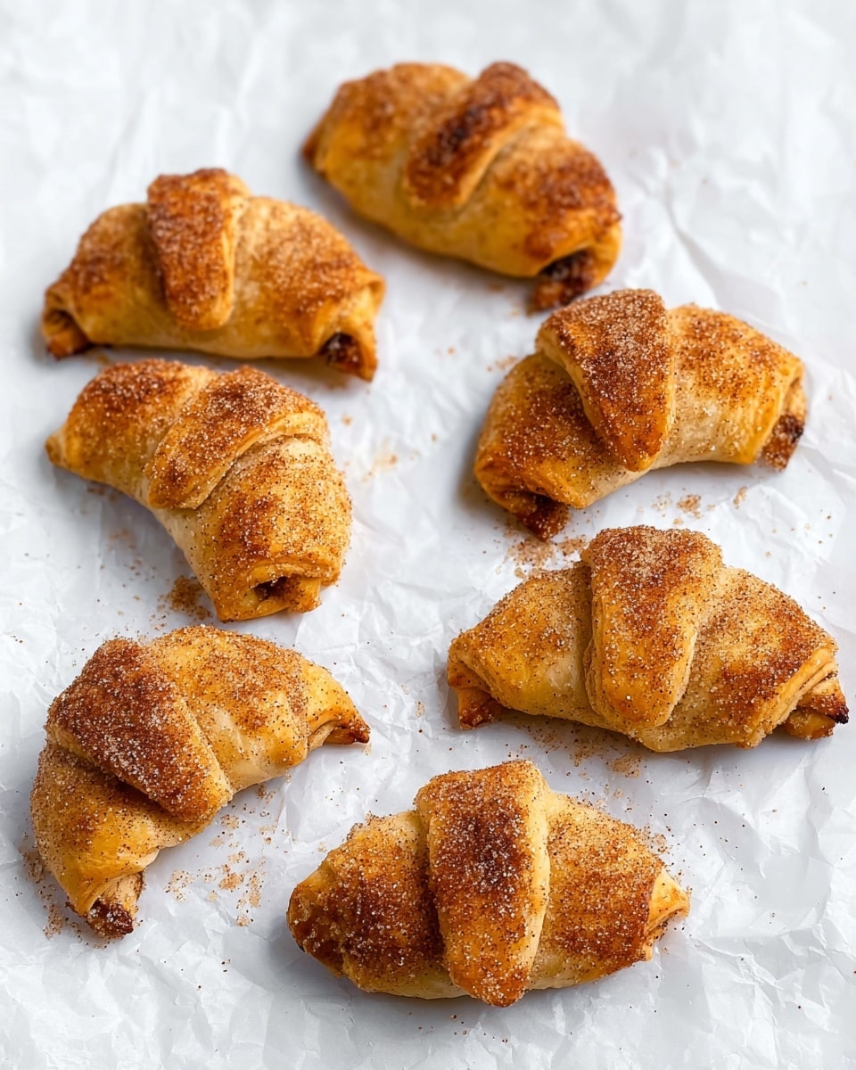 Seven golden brown crescent rolls are arranged on white parchment paper over a white marbled surface. Each crescent roll is layered with a slightly crispy outer shell dusted with sugar and cinnamon, showing soft, flaky inner folds in light beige with hints of golden crust. Sugar crystals are scattered around the rolls, adding texture and sparkle. The rolls vary slightly in shape but all share a warm and inviting color with some darker cinnamon specks on top. Photo taken with an iphone --ar 4:5 --v 7