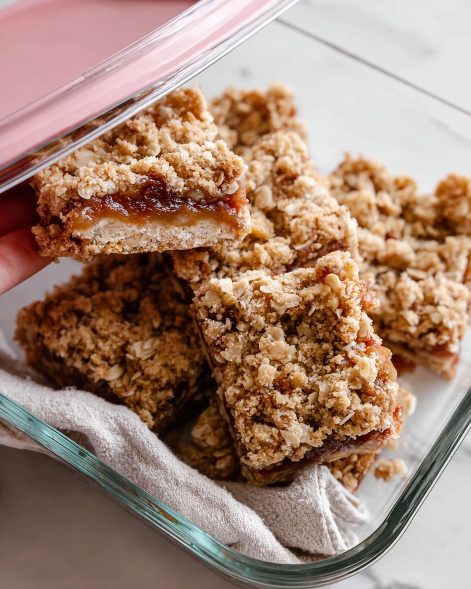 A white glass round dish on a white marbled surface filled with several square oat bars stacked unevenly. Each bar has a top layer of crumbly oat clusters that are light brown and beige with a rough texture, and underneath there is a visible layer of cooked fruit filling in a dark amber color peeking through the middle. A pink lid is partially lifted by a woman's hand, revealing the oat bars inside. A white and beige cloth is placed partly under the dish. Photo taken with an iphone --ar 4:5 --v 7