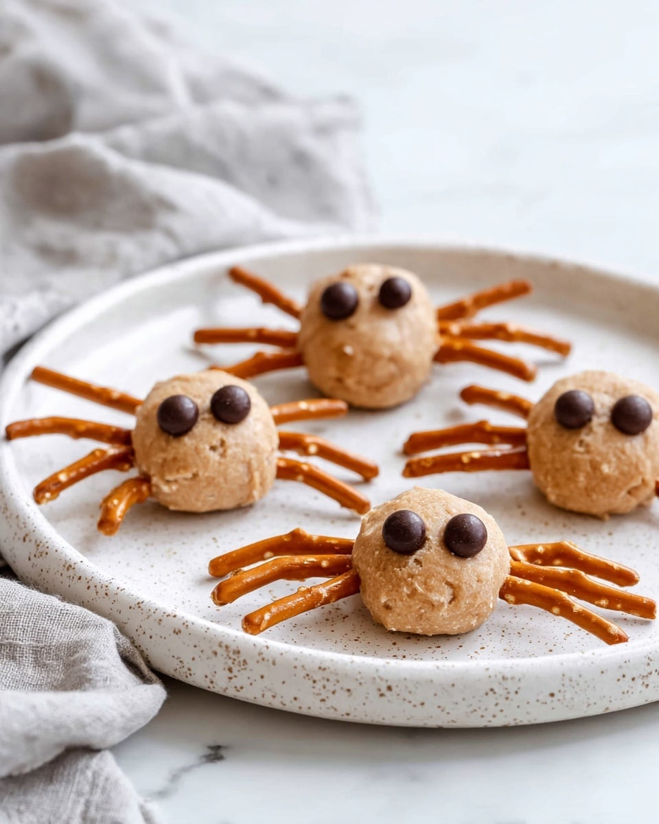 There are six small spider-shaped treats on a white plate with a speckled look. Each spider body is a rounded ball of light brown dough, smooth but slightly rough in parts. Two dark chocolate chips are pressed into the front of each ball, looking like eyes. Sticking out from each side of the dough are three thin, crunchy pretzel sticks, making six legs for each spider. The plate sits on a white marbled surface. The lighting is bright, highlighting the shiny texture of the chocolate chips and the roughness of the dough. photo taken with an iphone --ar 4:5 --v 7