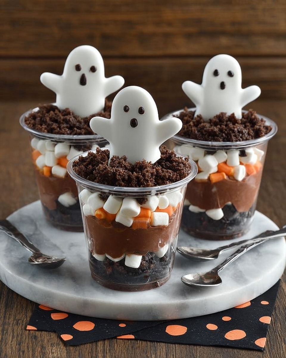 The image shows three clear plastic cups filled with layered dessert. Each cup has a bottom layer of dark crumbly cookie pieces, followed by small white marshmallows and orange candy pieces mixed together. Above this is a thick layer of dark chocolate pudding, topped with a layer of crumbled chocolate cookies. Each cup has a white ghost-shaped decoration with small brown dots for eyes and mouth sticking out from the top. The cups are placed on a white marbled round tray with a black napkin that has orange polka dots, and there are silver spoons next to them on the tray. The background is wooden, creating a cozy feel. Photo taken with an iphone --ar 4:5 --v 7