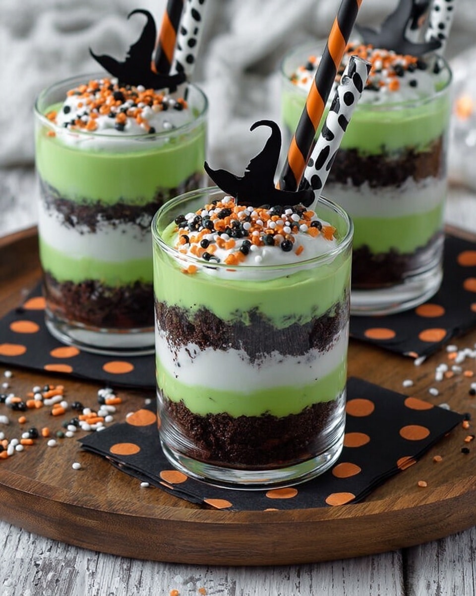 The image shows three clear glass cups of layered dessert placed on black napkins with orange polka dots, all set on a wooden tray. Each cup has three layers: a dark brown crumbly bottom layer, a thick white creamy middle layer with visible dark specks, and a smooth bright green top layer. The green layer is decorated with small orange, black, and white sprinkles. Each cup has a black-and-white or orange-and-white striped straw with a black witch hat-shaped topper. The background surface is a white marbled texture with more sprinkles scattered around. Photo taken with an iphone --ar 4:5 --v 7