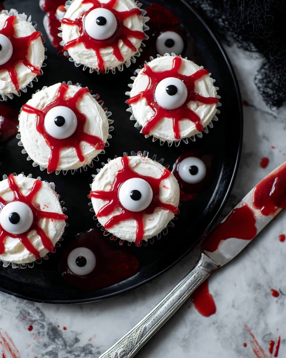 A black tray holds eight cupcakes topped with a smooth white frosting layer, each decorated with a large round white candy eye with a black center placed in the middle. Red syrup is drizzled on the frosting in eight thin irregular strips radiating from each candy eye, creating a bloodshot eye effect. To the right of the tray, a silver knife rests on a white marbled surface with extra candy eyes and red syrup smears around it. The texture of the frosting is soft and slightly fluffy, while the syrup shines bright and wet, contrasting with the matte candy eyes. Photo taken with an iphone --ar 4:5 --v 7