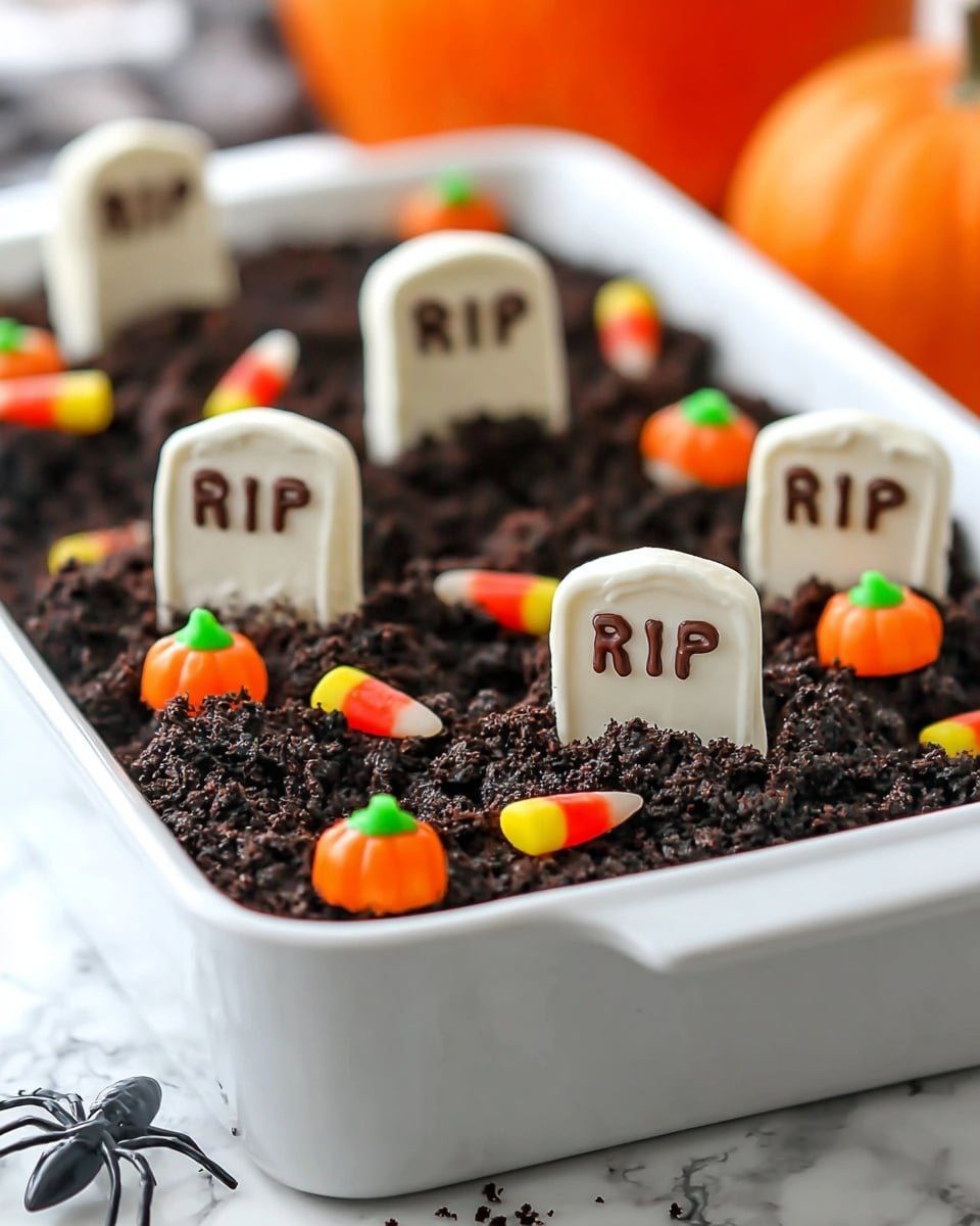 A white rectangular dish filled with a thick layer of dark crushed cookie crumbs that look like soil, topped with several small white tombstone-shaped cookies standing upright, each decorated with the letters