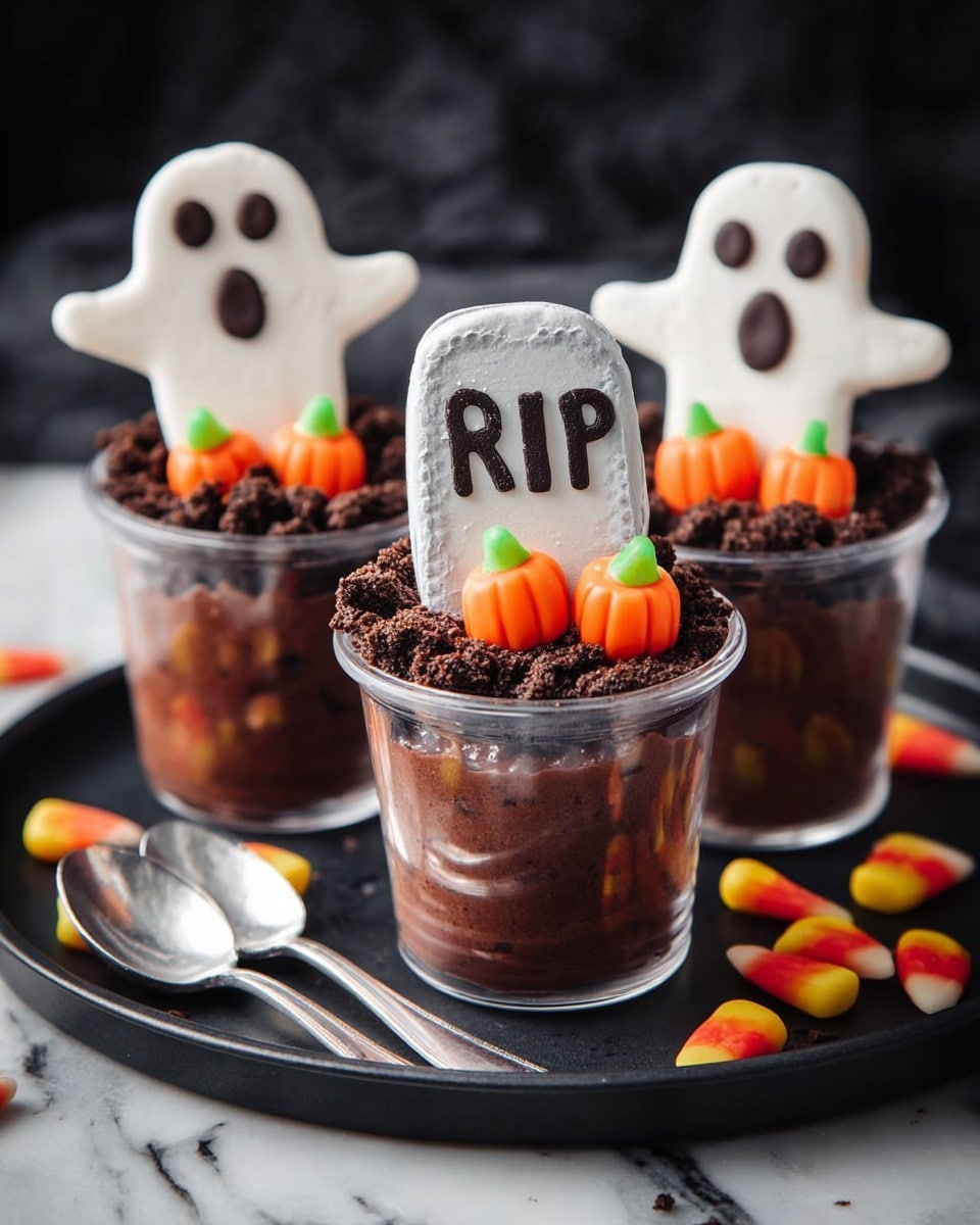 There are three small clear cups filled with dark brown pudding. On top of the pudding, there is a layer of crumbly chocolate that looks like dirt. Each cup has a small cookie shaped like a gravestone with