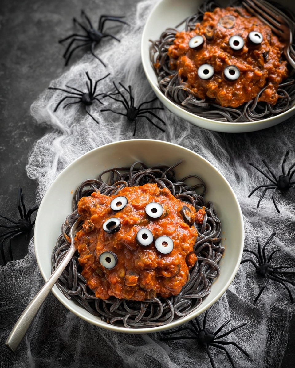 Two white bowls sit on a dark surface with fake spider webs and black plastic spiders, each filled with black pasta as the base layer, topped with a thick red meat sauce as the second layer. The sauce is decorated with evenly spaced sliced black olives placed on small white rounds, resembling eyes. Each bowl has a silver fork either resting inside or beside it. A crumpled gray cloth lies partially beneath the bowls. photo taken with an iphone --ar 4:5 --v 7