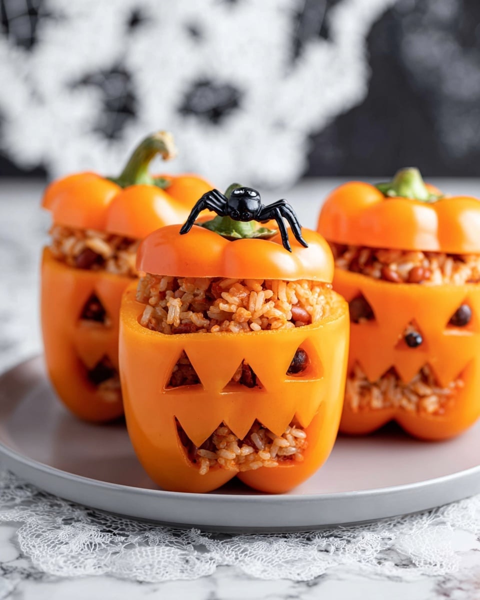 Three orange bell peppers are sitting on a white plate; each bell pepper is hollowed out and carved like a jack-o'-lantern with triangular eyes and a jagged mouth, showing layers of stuffing inside made of rice and beans that have a reddish tint. The top part of each pepper is placed back on as a lid, slightly tilted. On one pepper at the front, a small black plastic spider sits on the lid. The plate rests on a white marbled surface, and the background is blurred with white lace details. Photo taken with an iphone --ar 4:5 --v 7