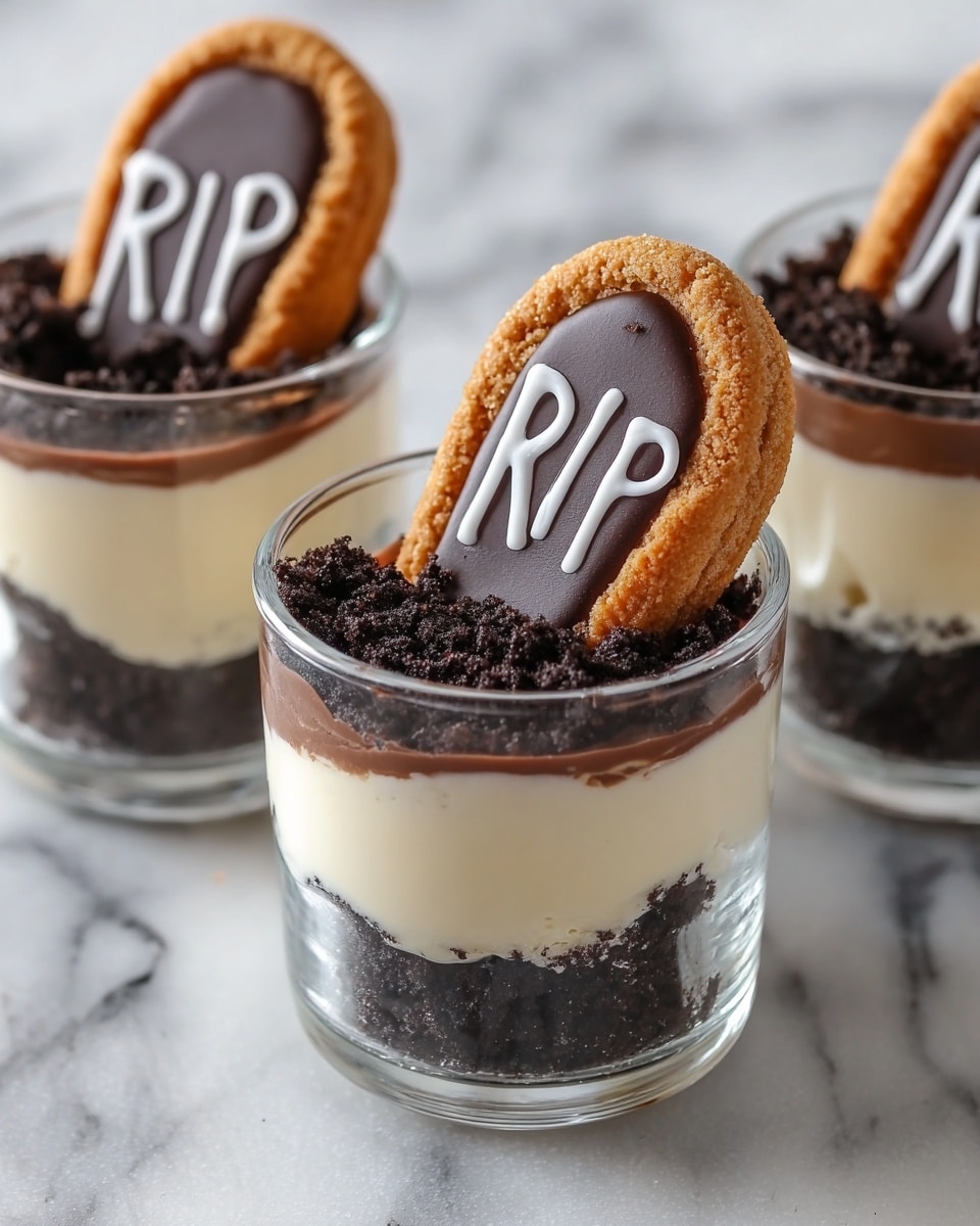 The image shows three small clear glass cups filled with a dessert that has three layers: the bottom layer is smooth and white, the middle layer is a crumbly dark brown representing soil, and the top layer is a round cookie shaped like a tombstone, half dipped in dark chocolate with white icing letters