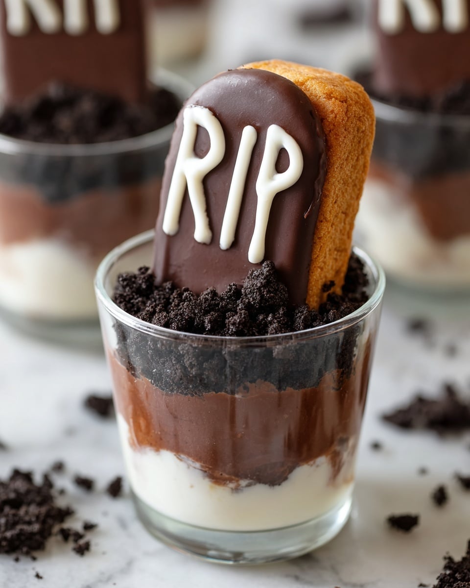 A clear glass cup filled with three layers: the bottom layer is white creamy pudding, topped with a thick layer of crushed dark chocolate cookie crumbs that look like soil. A large finger-shaped sponge cake covered halfway in glossy dark chocolate stands vertically in the crumbs, with white icing letters spelling