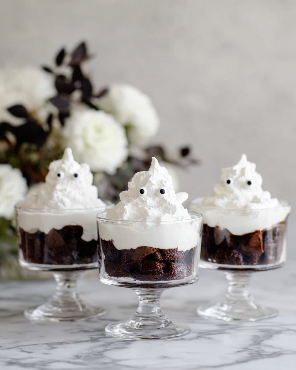 Three clear glass dessert bowls are arranged side by side on a white marbled surface, each filled with three layers: a bottom layer of dark brown cake pieces, a middle layer of smooth white cream, and a top layer of more dark brown cake chunks. On top of each dessert, fluffy white whipped cream is shaped like a small mound with two round white candy eyes with black centers placed on it, giving a playful, ghostly look. In the soft-focus background, there are white flowers and some dark leaves adding a gentle contrast. Photo taken with an iphone --ar 4:5 --v 7