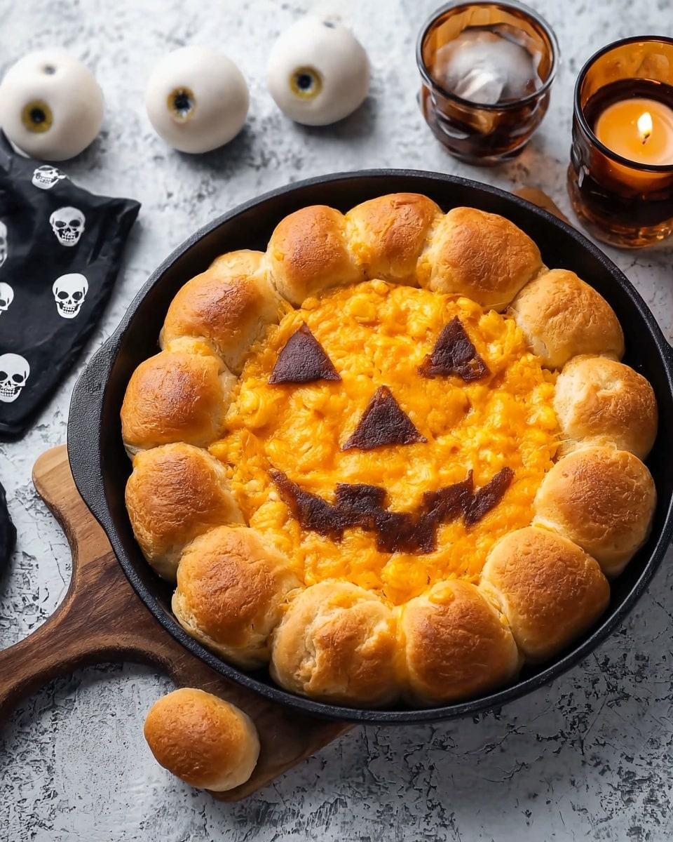 A black pan sits on a small wooden board with a white marbled textured surface underneath. Inside the pan is a dish shaped like a smiling jack-o'-lantern face. The outer layer is made of small, round golden brown bread rolls that form a circle. The inner layer is bright orange, smooth textured, and resembles a cheese or mashed vegetable base. On top of this base are five brown triangular and curved pieces arranged to create two eyes, a nose, and a smiling mouth with teeth. Near the pan, there are two white eyeball-shaped objects and a candle in a brown glass holder. A black skull decoration and a brown cup with black skull patterns are also nearby. The photo taken with an iphone --ar 4:5 --v 7