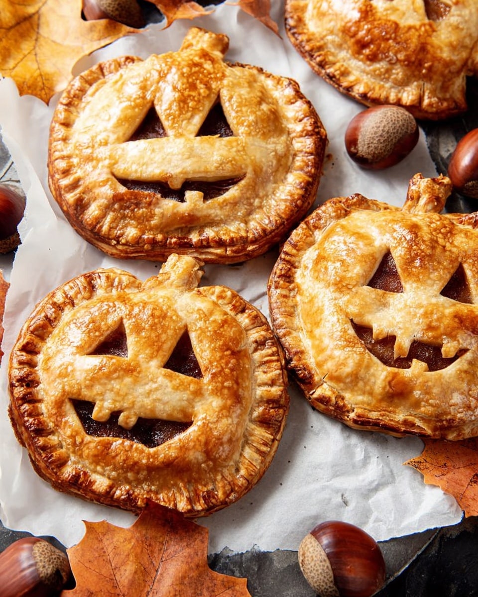 Four pumpkin-shaped pastries with golden-brown, flaky crusts lay on white parchment paper on a black woven mat over a white marbled surface. Each pastry has carved faces with cut-out eyes and mouths, showing a darker, filled layer underneath. The pastries have slightly glossy tops with darker brown edges and crimped designs around the borders. Around them, there are deep brown chestnuts and dry light brown autumn leaves and seed pods scattered. The warm orange background completes the fall theme. Photo taken with an iphone --ar 4:5 --v 7