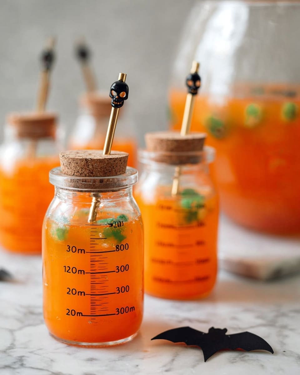 A clear, scalloped glass bowl filled with a bright orange gelatin dessert sits on a white marbled surface. Inside the gelatin are round orange slices arranged evenly throughout. Scattered on and inside the gelatin are green gummy bears and multi-colored gummy worms, adding texture and color contrast. The orange gelatin looks smooth and translucent, allowing the vibrant gummies and fruit slices to show through clearly. The bowl is full to the top with no layers visible, showing a single uniform layer of the orange gelatin mixture with embedded candies and fruit slices. Photo taken with an iphone --ar 4:5 --v 7