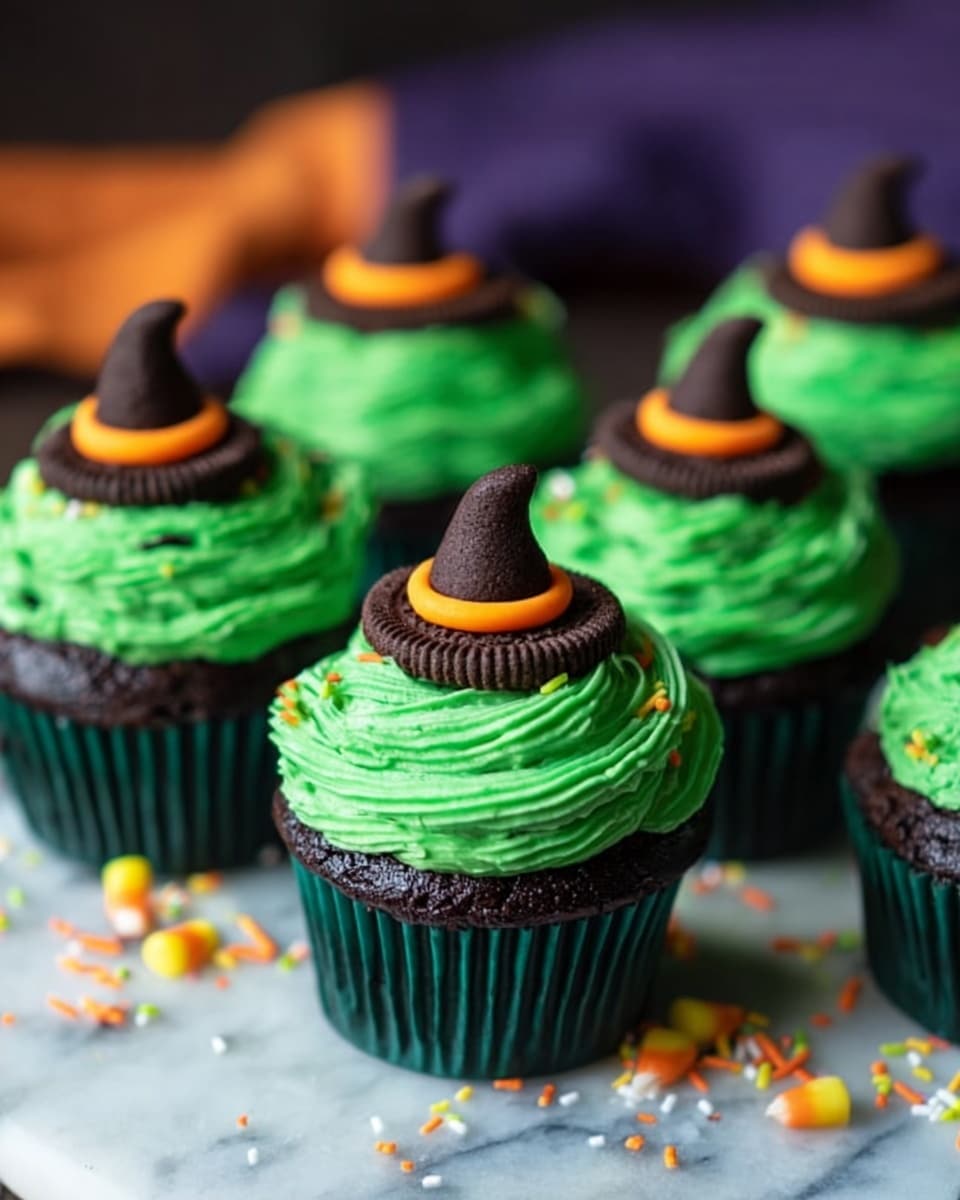 The image shows several chocolate cupcakes in dark green wrappers, each topped with a thick swirl of bright green frosting. On top of the frosting, there is a small chocolate cookie ring with orange and yellow sprinkles, holding a dark chocolate kiss that looks like a witch's hat. The cupcakes sit on a white marbled surface with some orange, yellow, and white sprinkles scattered around. The background is softly blurred, putting the focus on the cupcakes, and a woman's hand is reaching gently toward one of them. photo taken with an iphone --ar 4:5 --v 7