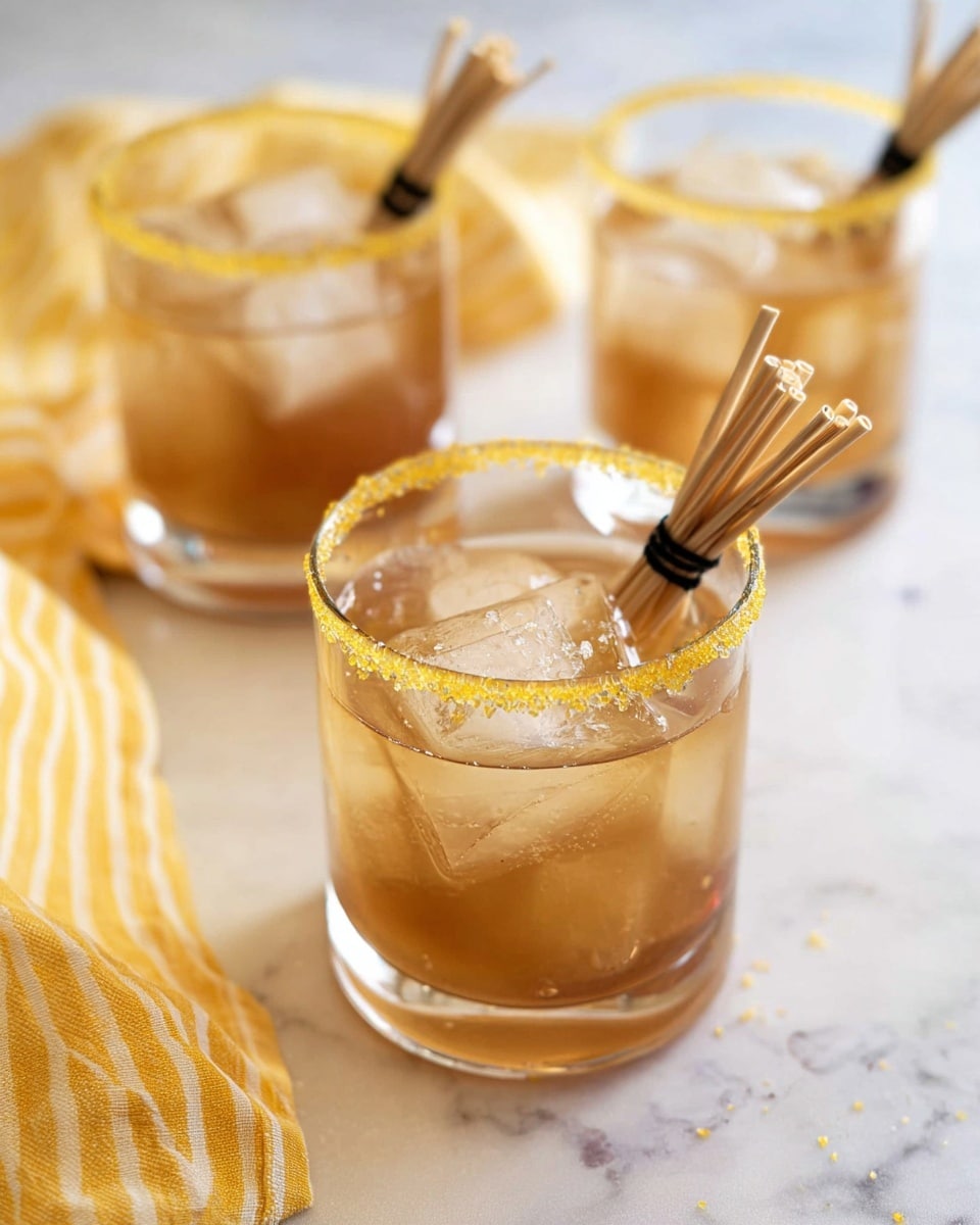 The image shows three clear glass drinks filled with light brown liquid and large ice cubes. Each glass has a rim coated with yellow sugar crystals. Two small bundles of thin, natural straw-like sticks tied with black string are placed inside each glass as decoration. The glasses sit on a surface with a white marbled texture, and a yellow-striped cloth is partially visible to the left side of the frame. The photo focuses mainly on the front glass, with the other two slightly blurred in the background. Photo taken with an iphone --ar 4:5 --v 7