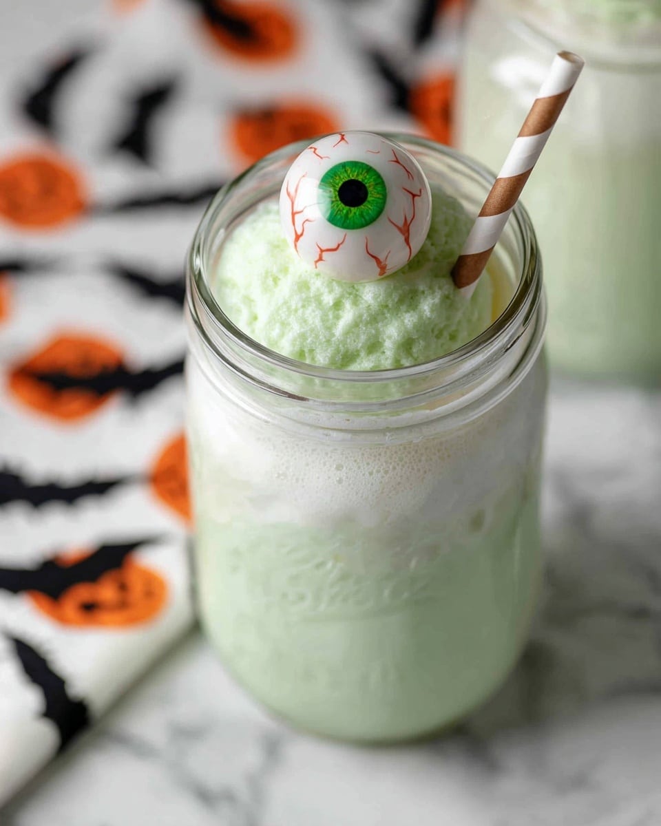 A clear glass jar is filled with a light green creamy drink topped with a thick layer of white foam. On top, there is a scoop of light green ice cream with a white candy eyeball featuring a green iris, black pupil, and red veins resting on it. A white and brown striped paper straw is placed in the jar beside the ice cream. The jar sits on a white marbled surface, and a Halloween-themed cloth with black bats and orange pumpkins is partially visible in the background. Photo taken with an iphone --ar 4:5 --v 7