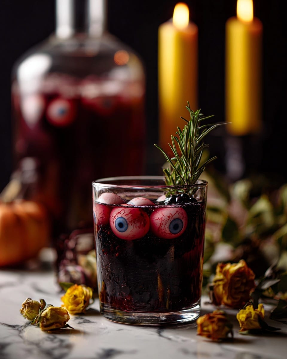 A short clear glass is filled with a dark red liquid, layered with floating fake eyeballs that are white with red veins and blue irises, and blackberries near the surface. A sprig of fresh green rosemary stands tall inside the drink in the center, adding vertical texture. The glass sits on a white marbled surface scattered with small dried pumpkins, yellowish dried rose petals, and green leaves. In the background, two tall yellow candles are lit, casting a soft warm glow, and a large clear glass bottle filled with the same dark red liquid is slightly blurred behind the glass. The photo taken with an iphone --ar 4:5 --v 7