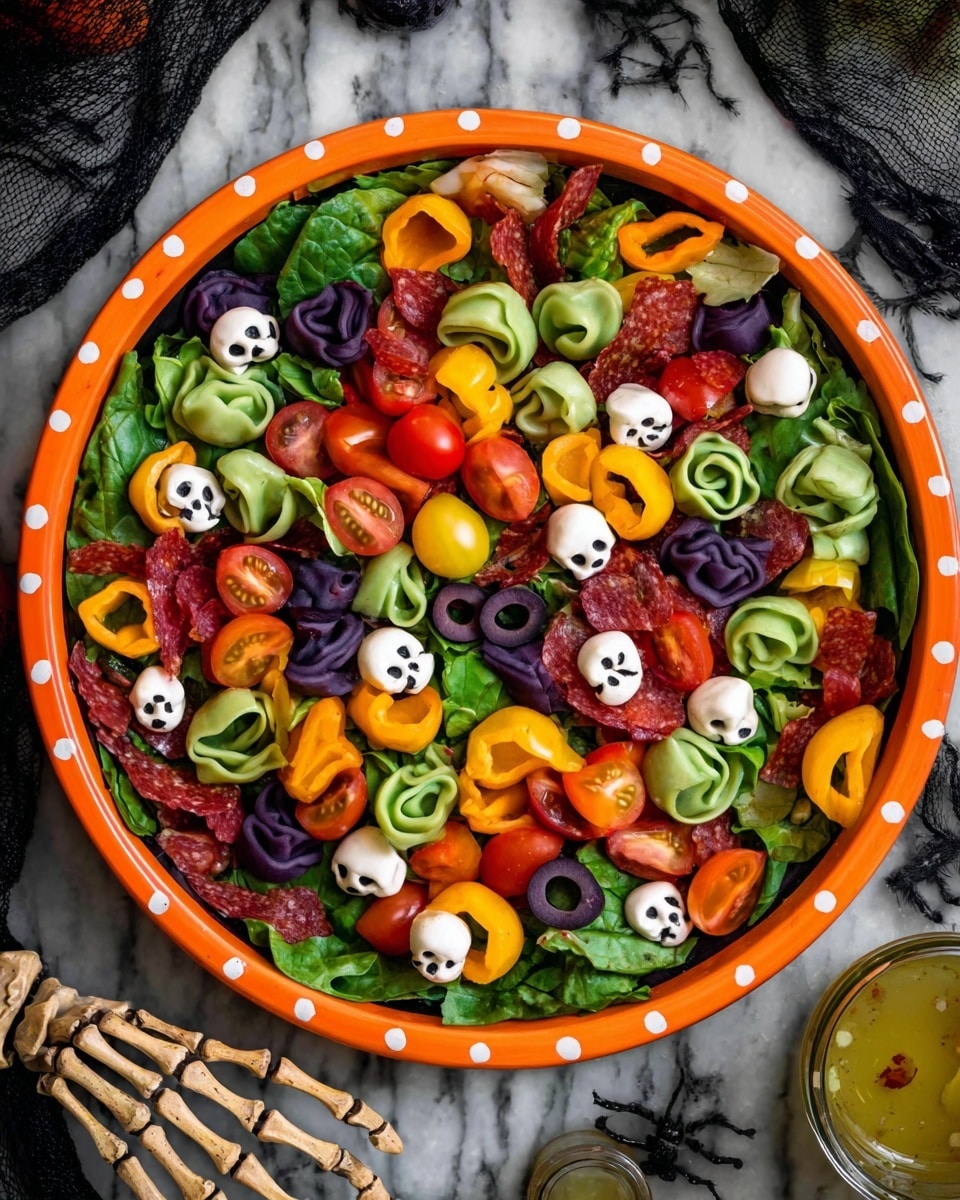 A colorful salad in a round bowl with a bright orange rim with white dots. The base layer is fresh mixed green lettuce leaves. On top, layers of small red cherry tomatoes, yellow grape tomatoes, green and purple tortellini, orange and red bell pepper rings, black olive slices, and several small white skull-shaped decorations are scattered evenly along with thin slices of reddish meat. The bowl is placed on a white marbled surface with a skeleton hand nearby and a glass container with dressing in the corner. photo taken with an iphone --ar 4:5 --v 7