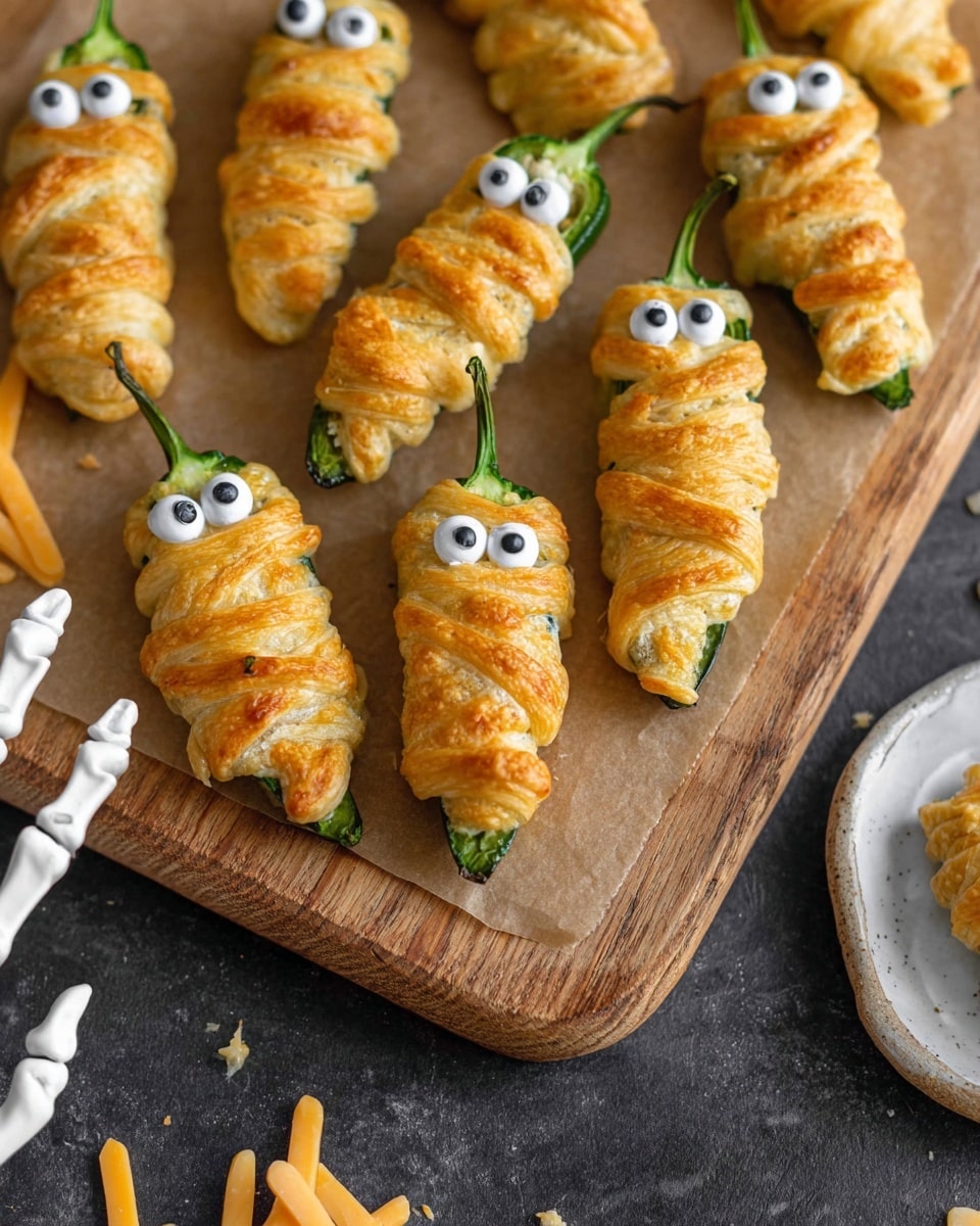 The image shows a wooden board with parchment paper on top, holding fourteen green peppers covered in a golden brown dough wrapped like bandages, creating a mummy look. Each pepper has two large white candy eyes with black pupils placed near the top, giving a cute and spooky expression. The dough layers are thin, unevenly wrapped around the peppers with some parts thicker and puffier. The pepper stems stick out from the top, and the board is set on a white marbled surface. photo taken with an iphone --ar 4:5 --v 7