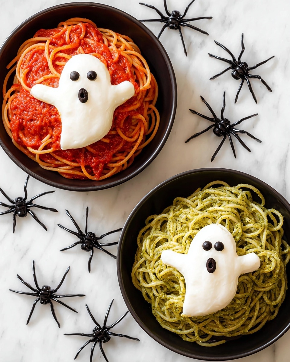 A black bowl filled with a large serving of spaghetti coated evenly with bright red tomato sauce forms the base layer. On top, there is a single round white cheese ball placed slightly off-center, with its bottom part melting into the spaghetti to create a soft, uneven texture flowing down. Two small black olive slices are placed on the cheese ball as eyes, with a larger black olive ring below them acting as an open mouth. The bowl sits on a white marbled surface. photo taken with an iphone --ar 4:5 --v 7
