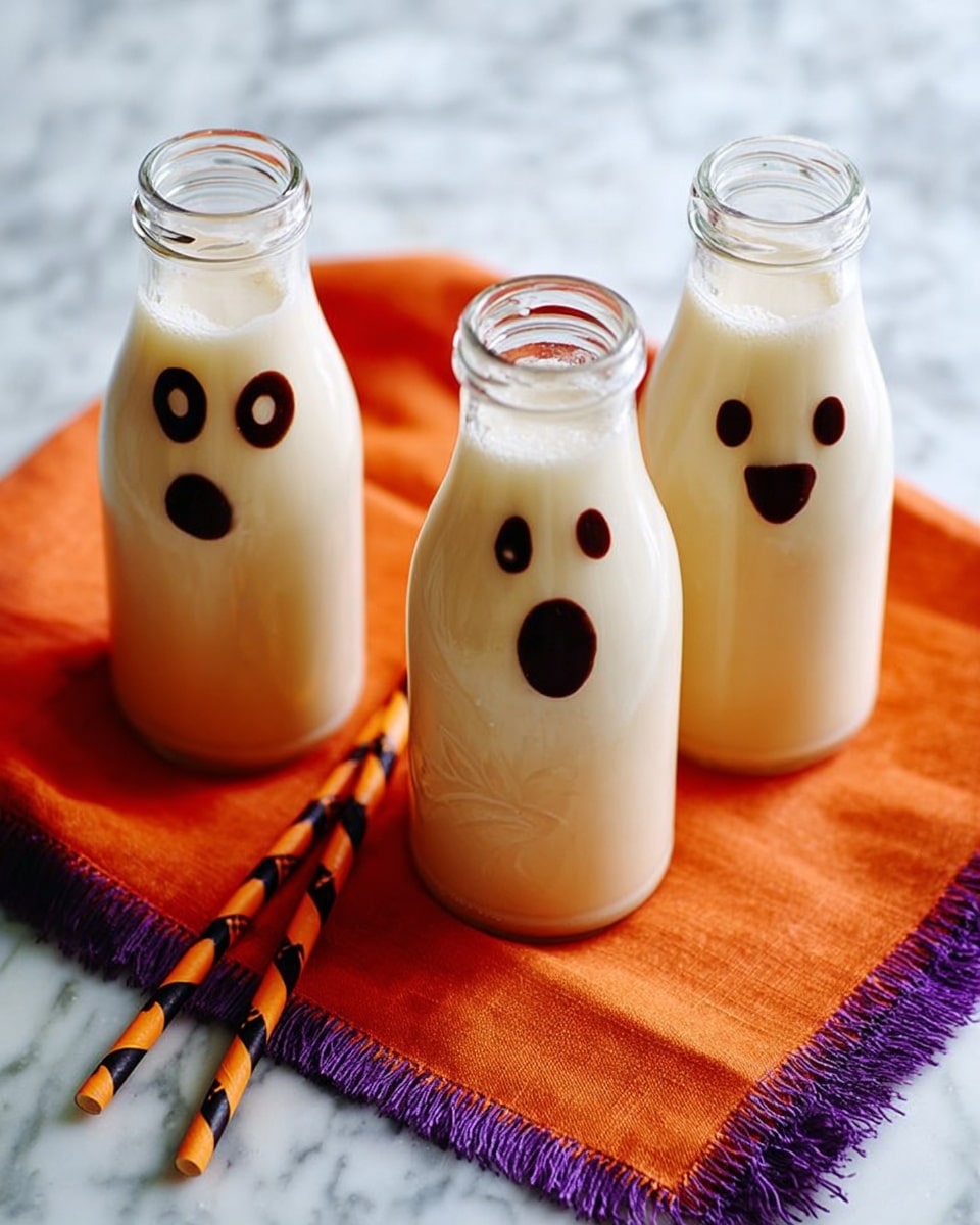 The image shows three small clear glass bottles filled with a creamy white drink, each topped with a swirl of white whipped cream. Each bottle has a simple face drawn on it using dark chocolate, with two round eyes and an open round mouth, resembling a surprised or ghost-like expression. Each bottle includes a black and orange striped straw sticking out from the whipped cream. The bottles are placed on a bright orange cloth that covers a white marbled surface. A woman's hand wearing a purple long sleeve is holding the rightmost bottle. photo taken with an iphone --ar 4:5 --v 7