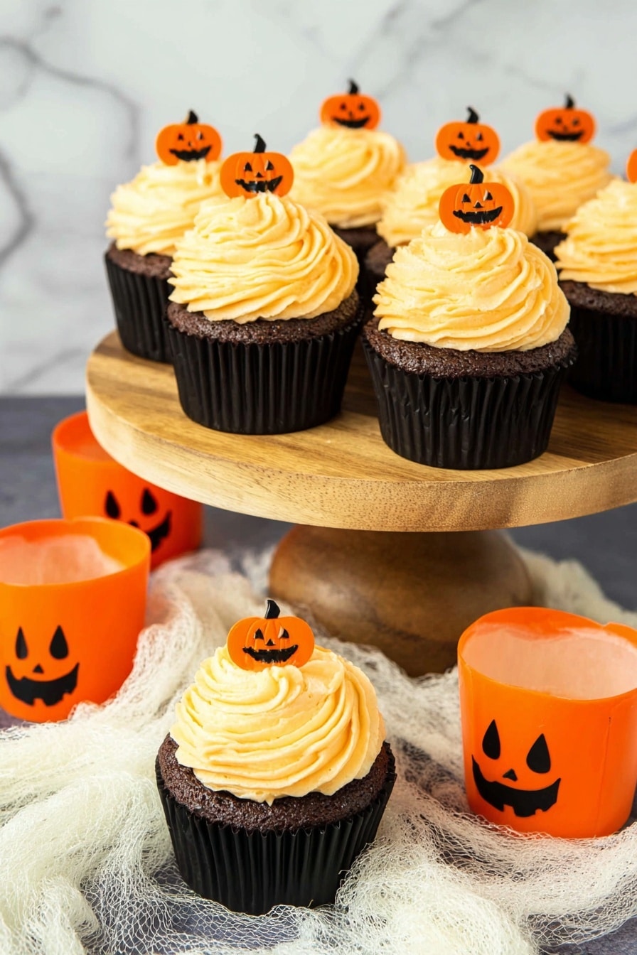 Jack-O-Lantern Halloween Pumpkin Cupcakes with Salted Caramel and Buttercream Frosting, Halloween pumpkin cupcakes, salted caramel cupcakes, festive Halloween desserts, pumpkin cupcake recipes - The image shows six cupcakes, each with one dark brown cupcake base in a black wrapper, topped with a thick swirl of light orange frosting in a spiral pattern. Each cupcake has a small orange pumpkin decoration with a carved face on top of the frosting. Five cupcakes are on a small wooden cake stand with a smooth texture, and two cupcakes sit below on a white marbled surface that has a wispy white fabric nearby. There are two orange plastic pumpkin containers with jack-o-lantern faces beside the cupcakes. The photo taken with an iphone --ar 2:3 --v 7