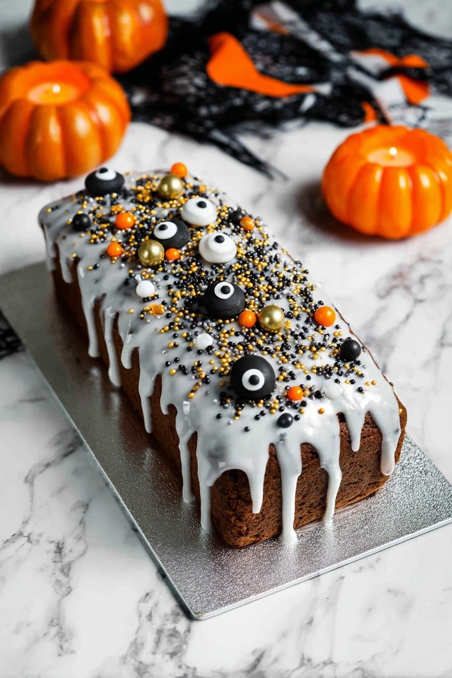 Orange and Black Halloween Marble Cake, Halloween marble cake, Halloween cake recipe, spooky marble cake, Halloween dessert ideas - A rectangular chocolate cake sits on a silver board on a white marbled surface, covered with a thick layer of white icing that drips down the sides unevenly. The top is decorated with small round sprinkles in black, orange, and gold colors scattered all over, along with larger black, gold, and white candy balls, some resembling eyes with black dots in the center. In the background, there are two small orange pumpkin-shaped candle holders and a piece of black and orange fabric lies nearby, adding a Halloween theme to the image. The photo taken with an iphone --ar 2:3 --v 7