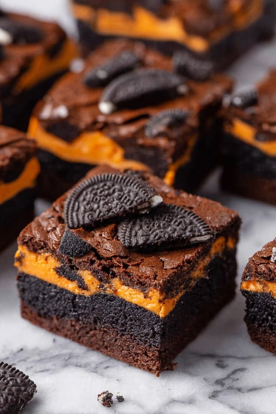 Halloween Oreo Stuffed Brownies, Oreo Stuffed Brownies, Halloween Brownie Recipes, Fudgy Brownies with Oreos, Festive Halloween Treats - The image shows several square-shaped brownies with three visible layers. The bottom and top layers are dark brown, soft, and textured like rich chocolate brownie. In between, there is a bright orange layer matching the color of the filling of orange cream cookies. The top layer is decorated with broken pieces of black and orange sandwich cookies, scattered unevenly across the surface. The brownies are arranged closely on a white marbled texture. The focus is sharp on the center brownies, showing glossy texture and small cracks on the top layer. Photo taken with an iphone --ar 2:3 --v 7