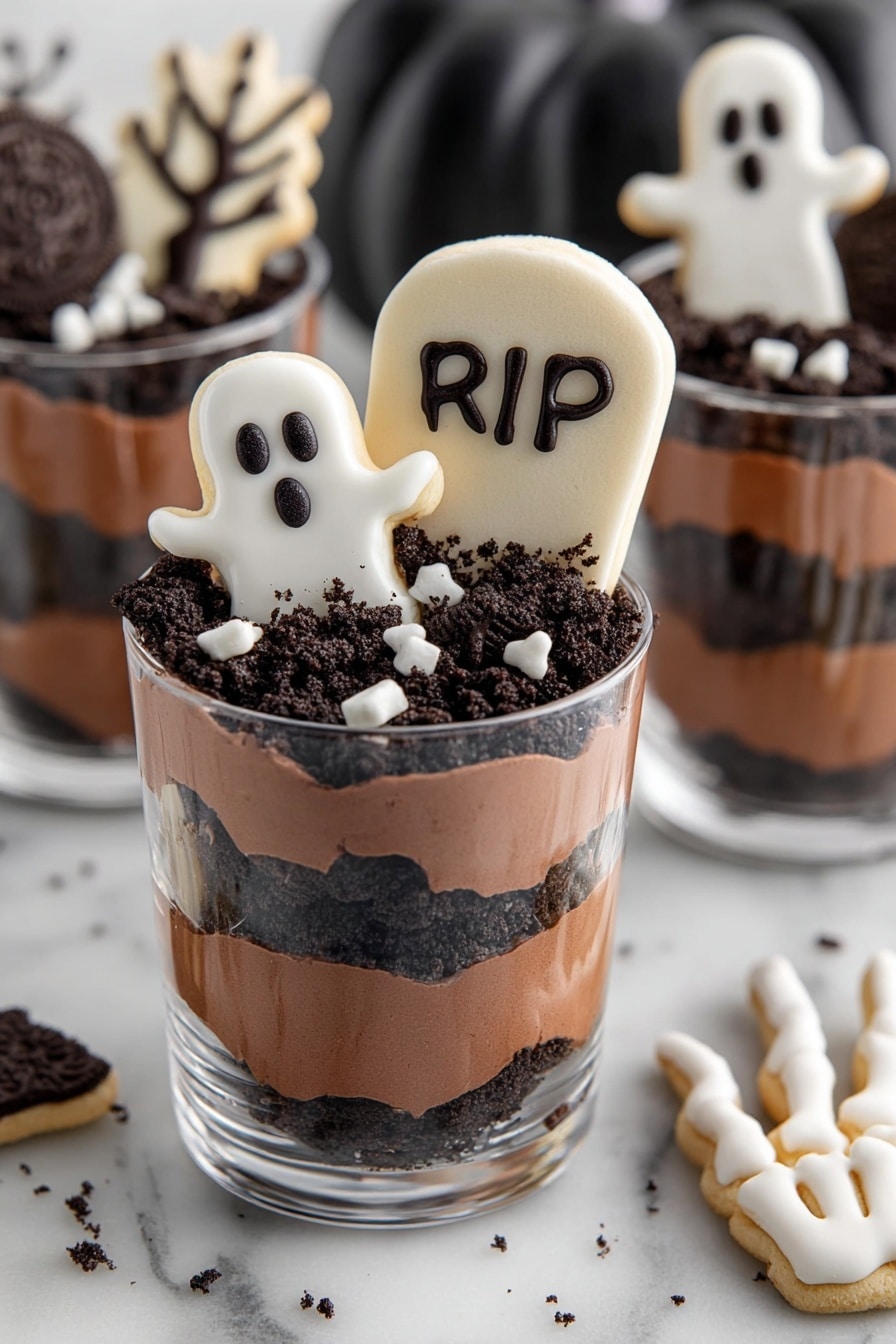 Halloween Graveyard Pudding Cups, Halloween dessert ideas, spooky Halloween treats, Halloween party desserts, no-bake Halloween desserts - The image shows a small clear glass with three main layers, placed on a white marbled texture. The bottom layer is thick and dark brown chocolate pudding. The middle layer is a darker, crumbly chocolate soil. The top has a small pile of crumbly chocolate with two small white candy decorations shaped like a skull and a bone. A black plastic spoon holds a scoop from the top, showing the textures close up. In the background, there are more glasses with similar layers and white chocolate shapes on sticks. Photo taken with an iphone --ar 2:3 --v 7