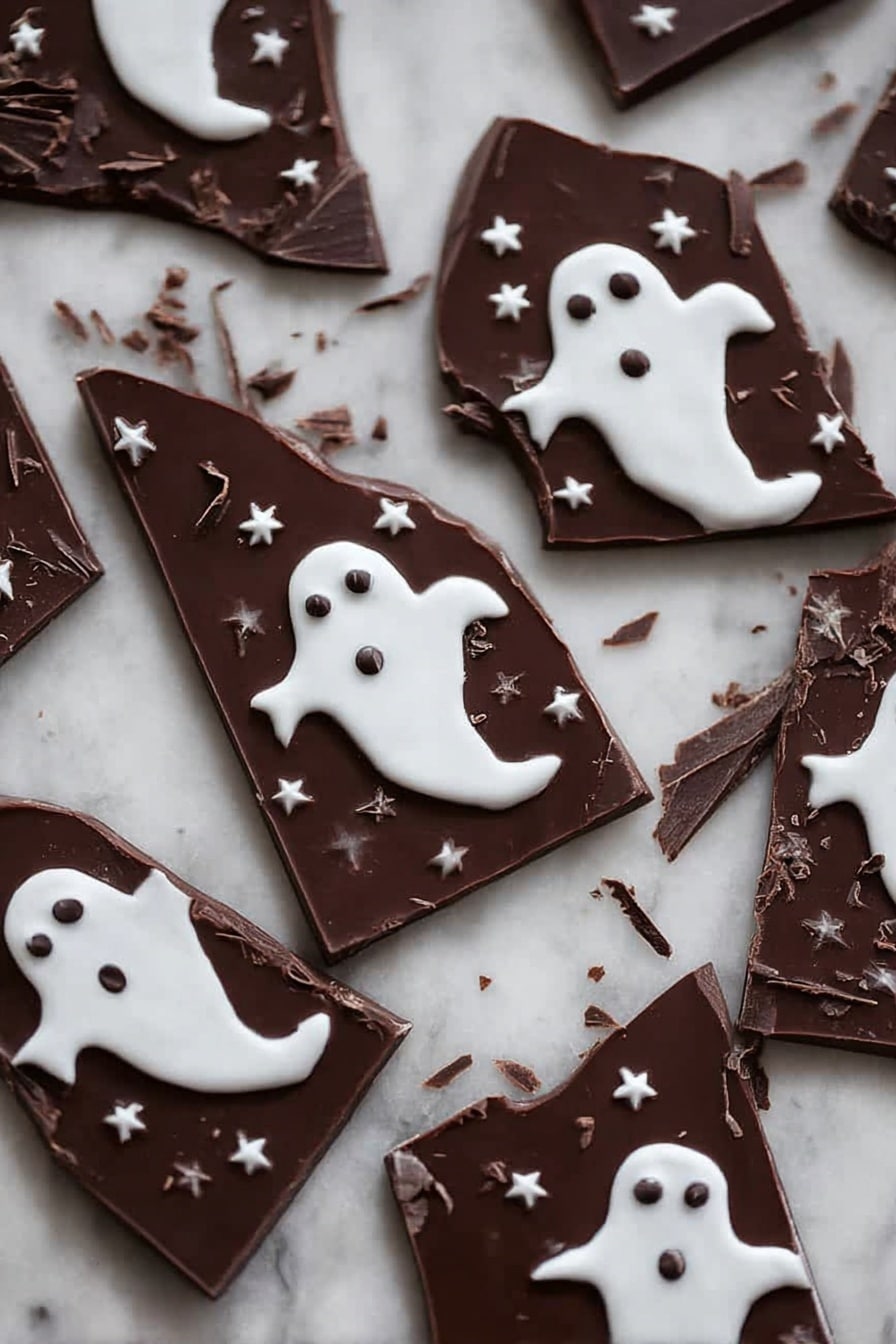 Halloween 3-Ingredient Ghost Bark, easy Halloween treats, quick Halloween dessert, festive ghost chocolate, simple Halloween candies - Several pieces of dark brown chocolate bark are spread over a white marbled surface. Each piece has a smooth top layer decorated with small white ghost shapes with round eyes and mouths, giving a Halloween feel. Around the larger ghost shapes are tiny white star-like sprinkles that add texture and contrast to the dark chocolate base. The chocolate pieces are broken unevenly, showing sharp edges and some chocolate shavings. The overall look is simple but festive, with dark and white colors standing out clearly against the marbled background. photo taken with an iphone --ar 2:3 --v 7
