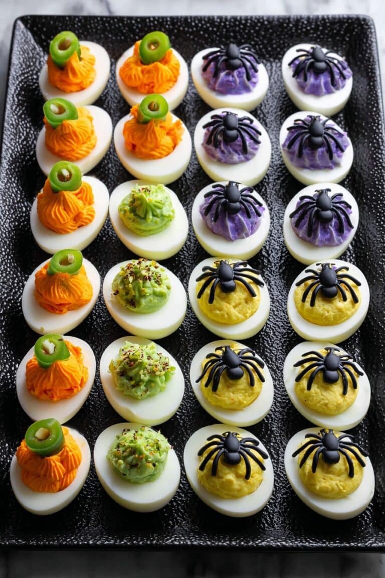 Halloween Themed Deviled Eggs with Spooky, Pumpkin, Eyeball, and Spider Decorations Recipe