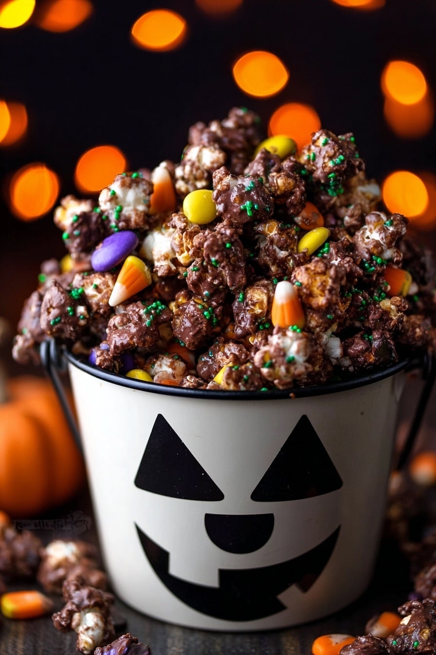 Halloween Chocolate Sparkling Popcorn Delight, festive Halloween popcorn treat, no-bake Halloween snack, chocolate popcorn dessert, easy Halloween party snack - The image shows a pile of popcorn mixed with colorful candy pieces covered in a thick layer of chocolate. The popcorn is unevenly coated with chocolate, giving a rough texture, and is scattered with green and orange sprinkles. There are also candy pieces in purple, orange, and yellow, partially visible under the chocolate. All of this is inside a white bucket that has a black jack-o'-lantern face on it. The background is dark with blurry orange and yellow round lights, creating a cozy Halloween feel. photo taken with an iphone --ar 2:3 --v 7