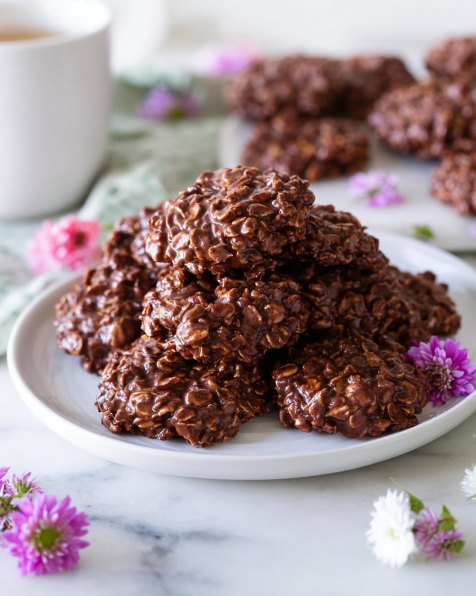 A white plate is filled with a pile of round chocolate oat no-bake cookies, each with a bumpy texture showing oats mixed in shiny, rich chocolate. The cookies are stacked in a small mound in the center of the plate. Around the plate on a white marbled surface, there are small pink, white, and purple flowers scattered gently, adding color and a fresh look. In the background, there are more cookies placed loosely on the white marbled surface and part of a white cup is visible on the upper left. The scene is bright and clean. photo taken with an iphone --ar 4:5 --v 7