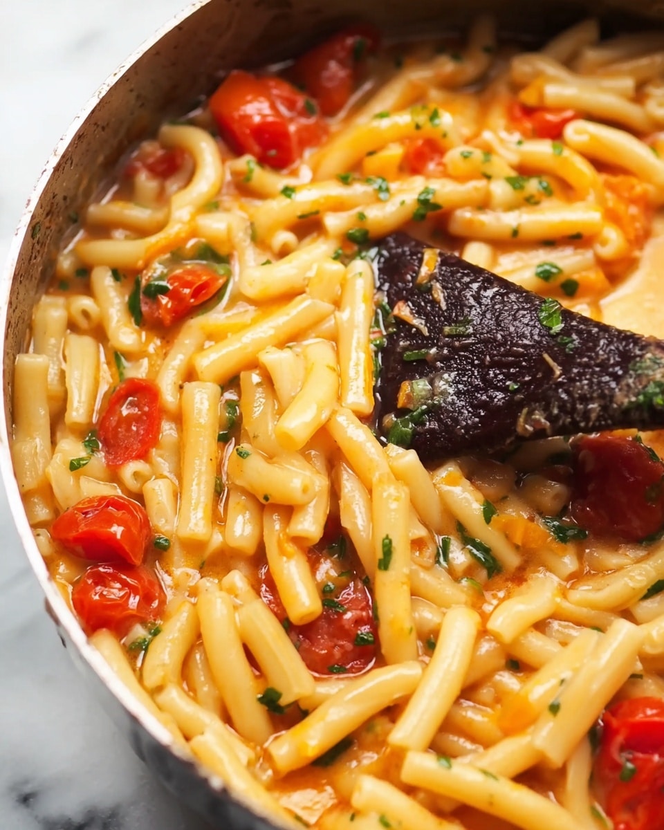 A close-up view of a white pan filled with short, tube-shaped pasta mixed with chopped cherry tomatoes and a light orange sauce with green herbs. A dark spatula is stirring the pasta, showing the sauce's smooth texture with bits of tomato and herbs. The pasta looks soft and glossy, covering most of the pan’s surface with small pools of sauce. The background is a white marbled texture. photo taken with an iphone --ar 4:5 --v 7