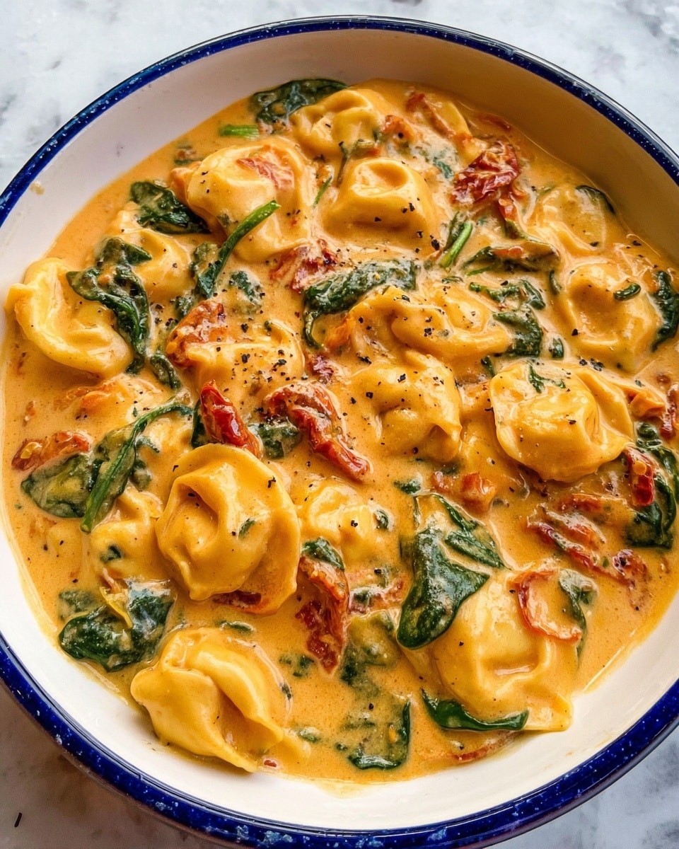The image shows a bowl of creamy orange sauce rich with tortellini pasta, mixed with green spinach leaves and pieces of sun-dried tomato scattered throughout. The tortellini are plump and have a smooth texture, partly covered by the thick, velvety sauce. Small herbs and seasoning flecks are visible in the sauce, giving it a slightly speckled look. The dish is served in a white bowl with a blue rim, placed on a white marbled surface. Photo taken with an iphone --ar 4:5 --v 7