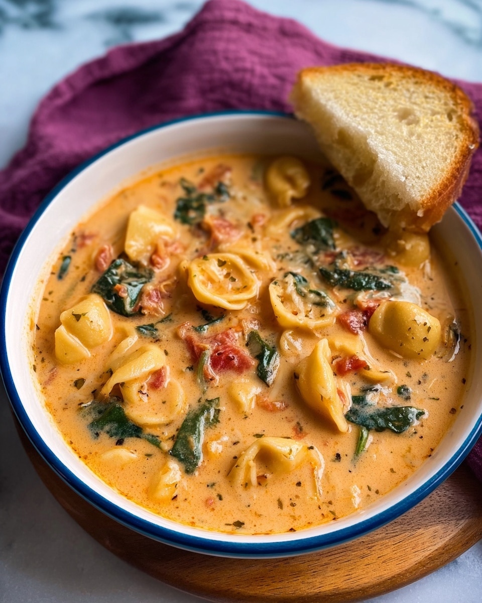 A white bowl with a blue rim holds creamy orange soup filled with tender pasta shells, scattered dark green spinach leaves, and bright red pieces of tomato. The soup has a smooth texture with small bits of herbs visible throughout. The bowl sits on a wooden board placed on a white marbled surface, with a purple cloth in the background. A lightly toasted slice of white bread leans against the bowl. photo taken with an iphone --ar 4:5 --v 7