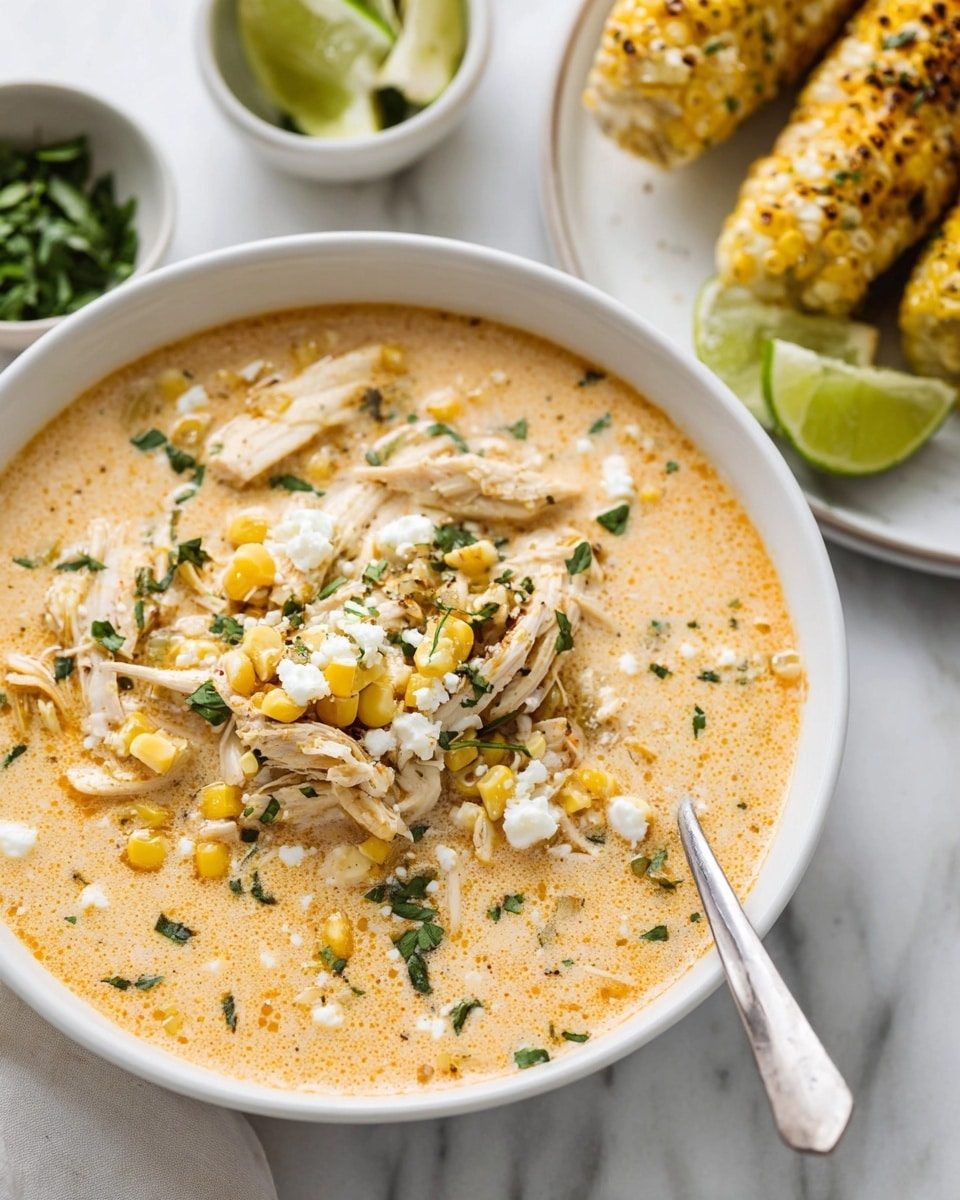 The image shows a white bowl filled with creamy soup that has a light orange color with small green herb specks. The top layer includes shredded white chicken pieces, yellow corn kernels, and small bits of white cheese, all sprinkled with chopped green herbs. A silver spoon rests inside the bowl on the right side. In the background, there is a white plate with grilled corn topped with white cheese and some green herbs, as well as lime wedges and a small bowl with chopped green herbs, all on a white marbled surface. Photo taken with an iphone --ar 4:5 --v 7