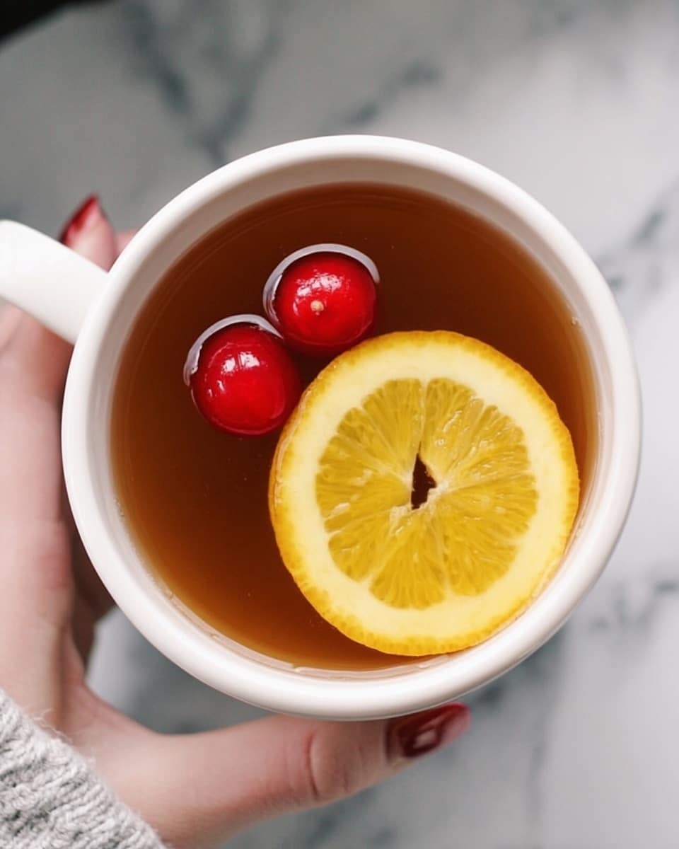 A white cup filled with a warm brown liquid, showing two shiny red cherries floating on the left side and a bright yellow-orange slice of orange on the right side, the slice placed flat on the surface of the liquid; a woman's hand holding the cup handle from the left, all set against a white marbled background. photo taken with an iphone --ar 4:5 --v 7