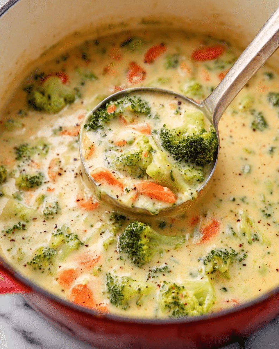 A creamy soup filled with bright green broccoli pieces and soft orange carrot slices, all mixed in a thick, pale yellow broth. The soup is in a white pot with a red edge, with a silver ladle scooping a portion. The broccoli and carrots are spread evenly throughout, with tiny black pepper specks on top. The pot is placed on a white marbled surface. photo taken with an iphone --ar 4:5 --v 7