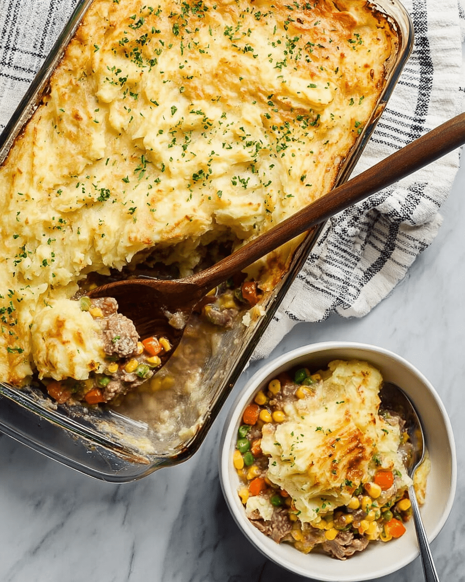 A rectangular glass baking dish filled with a creamy, golden brown top layer that has a slightly crispy texture and is sprinkled with small green parsley pieces. Underneath, a thick light yellow cheesy layer can be seen being scooped out with a wooden spoon, revealing a smooth creamy sauce beneath. The dish sits on a white marbled surface next to a white and navy striped cloth. The colors contrast well between the rich golden cheese and the fresh green herbs. Photo taken with an iphone --ar 4:5 --v 7
