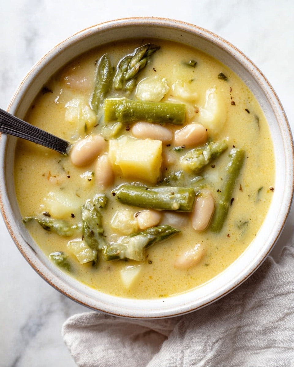 A bowl filled with thick pale yellow soup showing chunks of light green asparagus, white beans, and small pieces of light yellow potato. The soup looks creamy with some specks of seasoning. A silver spoon is partly inside the bowl on the left side. The bowl is white with a light brown rim and is placed on a white marbled surface with a light cloth beside it. photo taken with an iphone --ar 4:5 --v 7