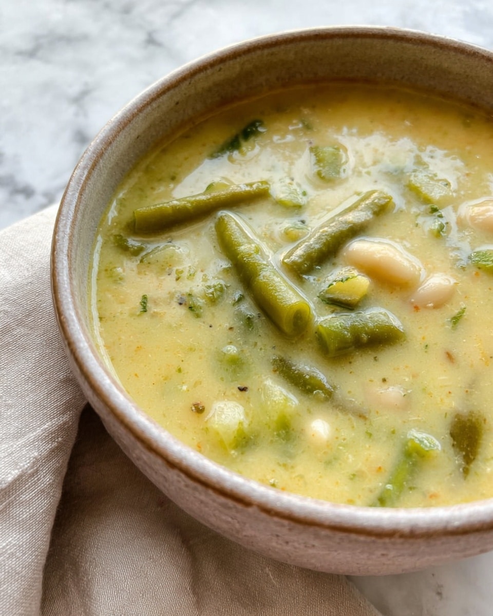 A close-up of a bowl filled with thick creamy soup, mostly pale yellow with visible chunks of green beans and small white beans scattered inside. The soup has a slightly grainy texture with hints of herbs and spices. The bowl is light brown with a rustic appearance, placed on a white marbled surface with a soft beige cloth partially under it. Photo taken with an iphone --ar 4:5 --v 7