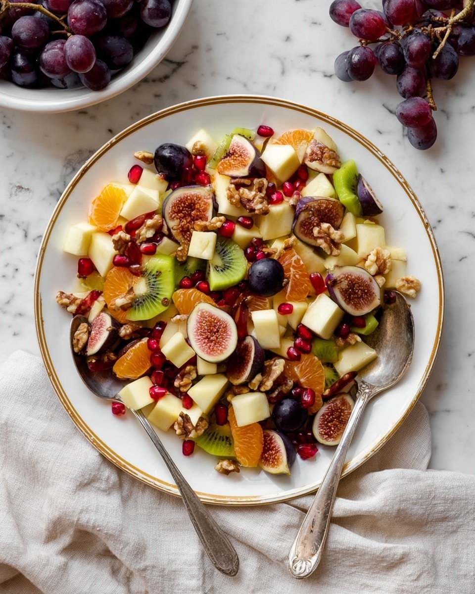 A close-up view of a colorful fruit salad on a white plate, placed on a white marbled surface. The salad has several layers: the bottom includes light yellow diced apples, while the middle has bright green sliced kiwi and dark purple grapes scattered evenly. On top, there are orange mango chunks, deep red pomegranate seeds, and brown walnut pieces. Some sliced figs with pink centers and green edges are also mixed in, creating a rich mix of textures and colors. photo taken with an iphone --ar 4:5 --v 7