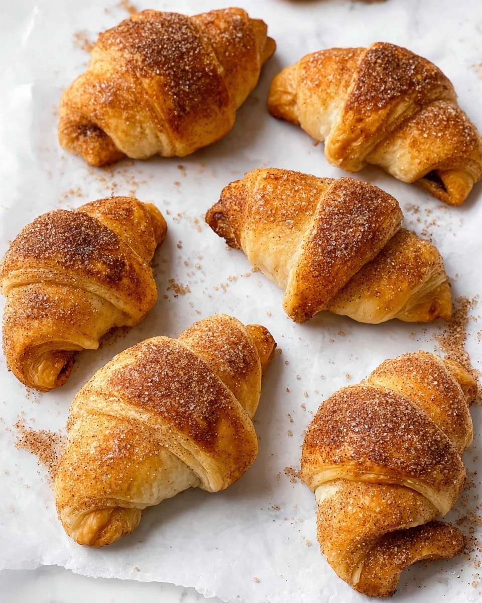 Seven small golden brown pastries are spread out on crinkled white parchment paper placed on a white marbled surface. Each pastry has a slightly rough texture with visible specks of cinnamon sugar on top, giving a warm, inviting look. The pastries are folded into a crescent shape, showing layers of soft dough with a cinnamon filling peeking from some edges. The cinnamon sugar dusting creates a sparkling effect on the crisp, baked outer layer. Photo taken with an iphone --ar 4:5 --v 7