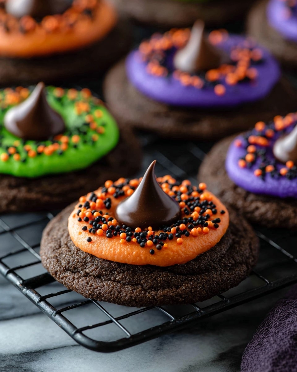A white plate holds eight round chocolate cookies with a soft texture, each topped with a swirl of bright colored icing—four with purple, three with green, and one with orange icing sprinkled with tiny black and orange round sprinkles. At the center of each icing circle sits a dark chocolate drop shaped like a witch's hat. The background is a dark scene with a blurred figure wearing a black shirt with white skeletal hands printed on it, and the plate rests on a soft orange and black cloth on a white marbled surface. photo taken with an iphone --ar 4:5 --v 7