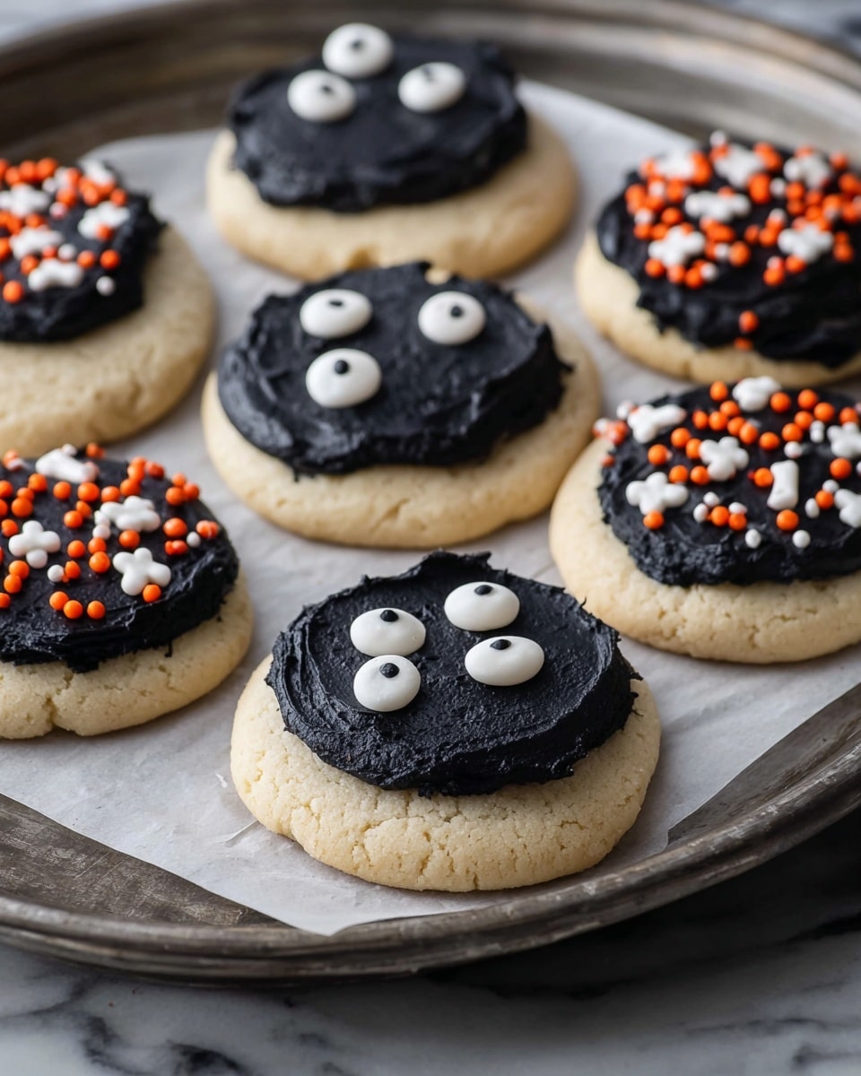 The image shows a tray of round cookies, each with two layers. The bottom layer is a soft, light beige cookie with a slightly cracked texture. The top layer is a thick dark black frosting spread unevenly over each cookie. Some cookies have small white bone-shaped sprinkles arranged on the black frosting, while others have small orange round sprinkles scattered across. A few cookies have two large white candy eyes with black centers placed on the frosting, giving them a playful look. The metal tray is lined with white parchment paper and sits on a white marbled surface. photo taken with an iphone --ar 4:5 --v 7
