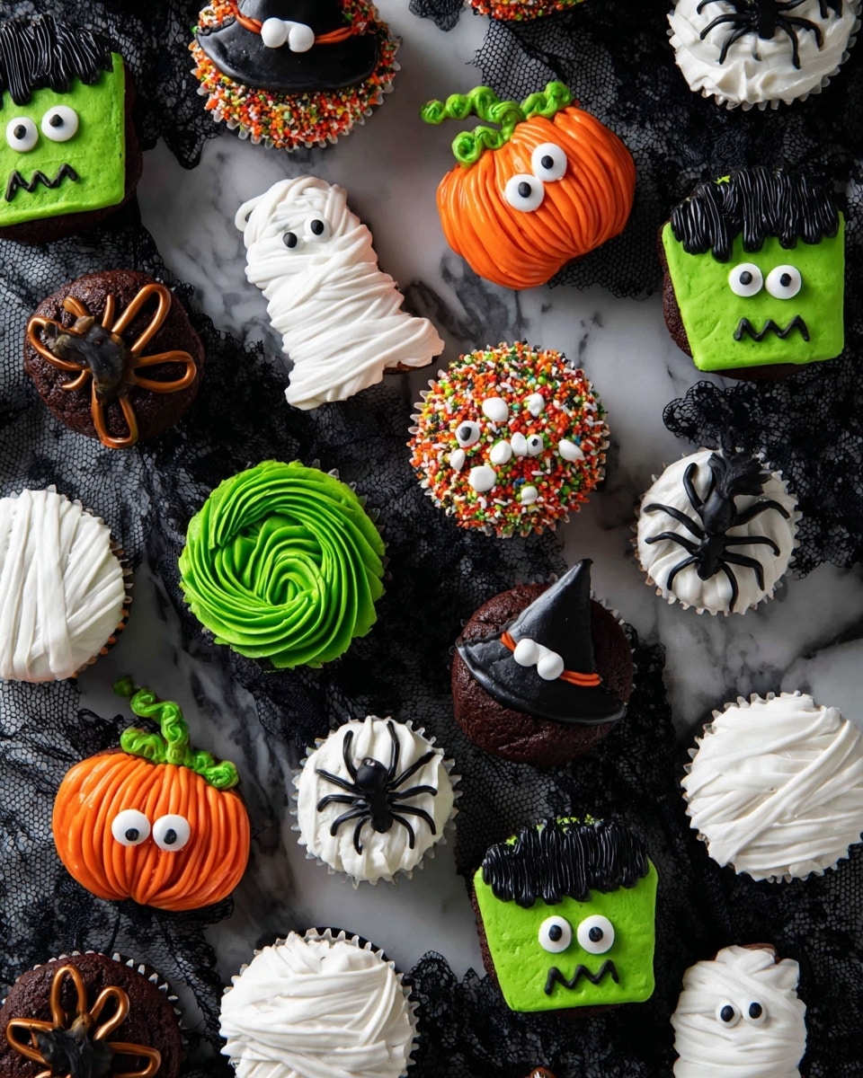 The image shows a variety of Halloween-themed cupcakes and cookies arranged on a black lace background over a white marbled surface. There are green Frankenstein face cookies with black hair made of sprinkles, pretzel stick ears, and candy eyes, as well as orange pumpkin-shaped cookies with swirled frosting and green vine details topped with a pretzel stem. White mummy cookies have thick frosting bands wrapped around two candy eyes. Other cookies feature white frosting with black spider webs and a small black spider made of icing and candy eyes. Cupcakes come in multiple designs: a ghost cupcake with a white frosting ghost figure on top of chocolate frosting and dark brown cake, black witch hat cupcakes with thick black and bright green frosting swirls decorated with small green balls, and white frosted round cookies that look like bloody eyeballs with red streaks and a candy pupil. The details and colors give a strong Halloween vibe with playful and cute designs. photo taken with an iphone --ar 4:5 --v 7