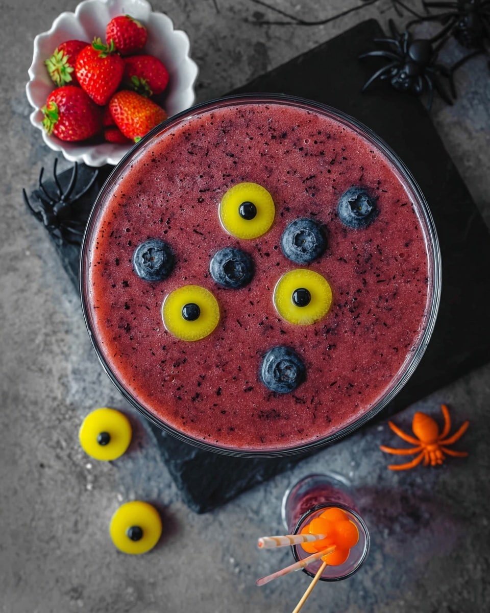 A large clear bowl filled with a smooth dark pink drink with small black specks throughout, topped with three yellow round slices each holding a single blueberry in the center, resembling eyes floating on the surface. There are also a few loose blueberries scattered inside the drink. Around the bowl are several small yellow round slices each topped with a blueberry, a small bunch of fresh red strawberries in a white flower-shaped dish, a clear glass with the same dark pink drink garnished with two yellow round slices and blueberries on a toothpick, and two toy spiders—one orange and one black—placed on a dark surface. The whole setup is on a white marbled texture surface. photo taken with an iphone --ar 4:5 --v 7