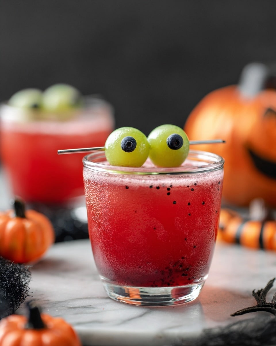 A short clear glass holds a red drink with tiny black specks suspended inside and a layer of light foam on top. Resting horizontally above the glass is a silver stick with two pale green melon balls, each topped with a single dark blueberry, resembling eyeballs. In the background, another similar glass filled with the red drink is partially visible, placed on a white marbled surface. The setting includes small decorative objects with orange and black colors, slightly blurred, adding a festive feel. Photo taken with an iphone --ar 4:5 --v 7