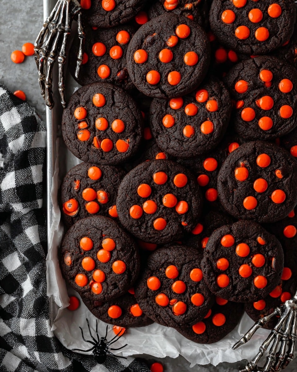 A dark chocolate cookie tray filled with round black cookies, each topped with bright orange candy pieces scattered evenly across the surface. The cookies are stacked and spread closely together on white parchment paper in a white tray, with small black plastic spiders placed on top near the edges for decoration. Two skeleton hands, one on the left and one on the right, reach in from both sides, holding some of the cookies. A black and white checkered cloth lies partially under the tray on the left side. The tray rests on a white marbled textured surface photo taken with an iphone --ar 4:5 --v 7