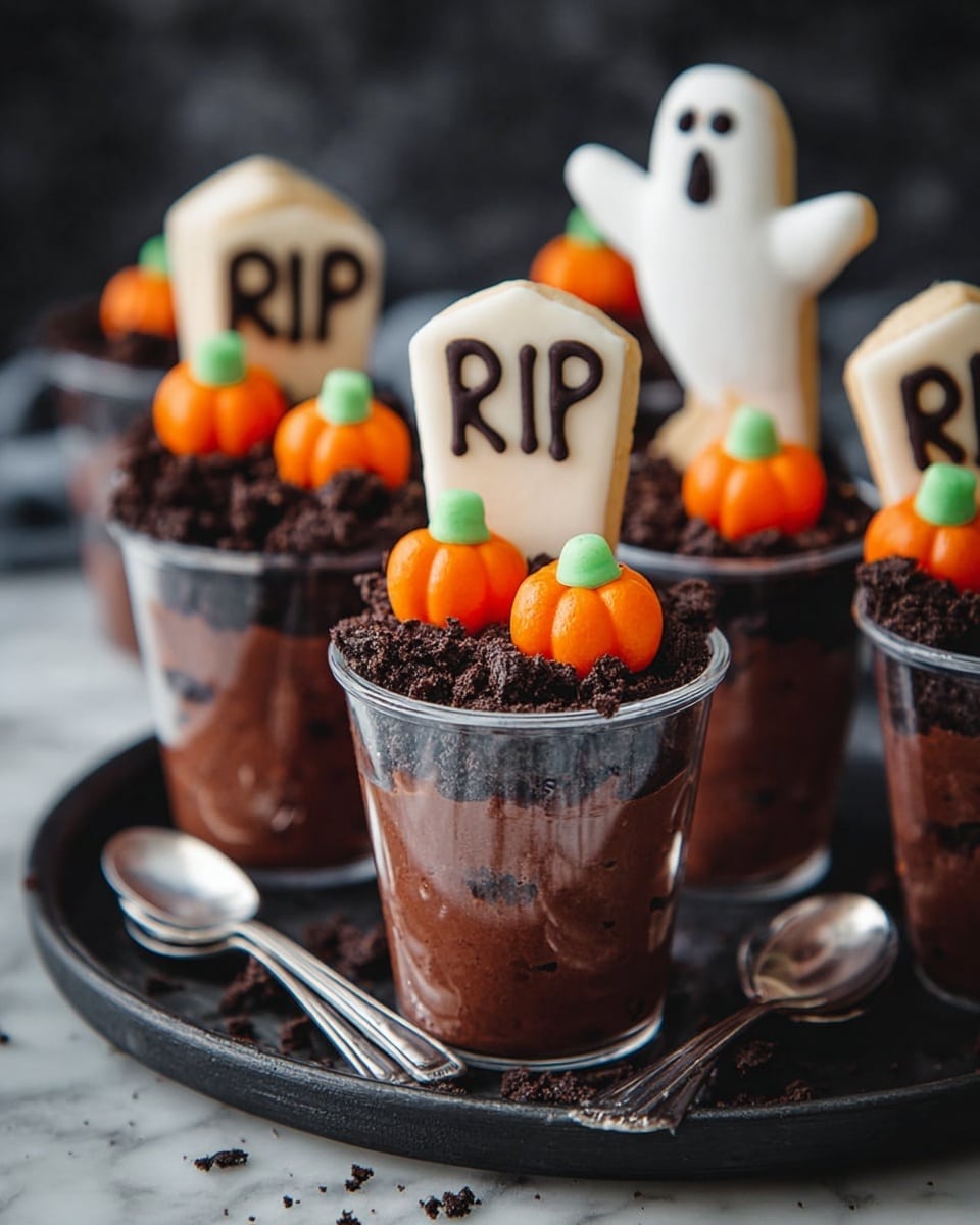 A clear cup shows a layered dessert with dark brown chocolate mousse at the bottom and a crumbly, lighter brown cookie crumble layer on top. On the surface, there are three small, bright orange pumpkin-shaped candy pieces with green tops placed around a white marshmallow shaped like a ghost with small brown eyes and mouth. Behind the ghost, a light beige cookie stands upright with the letters